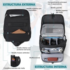Mochila para Camara Fotografica Profesiones Mochila Fotografia con Divisores Desmontables y Cubierta de lluvia Impermeable Antirrobo Estuche Bolsa Camara Compatible con DSLR Canon Nikon Sony, Negro
