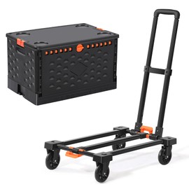 Collapsible Crate+Folding Hand Truck Set -No Assembly Required-Teacher Collapsible Rolling Cart with Wheels,Shopping Cart for Groceries,Crate On Wheels and Tote Basket,Mobile Storage for File, Book