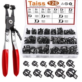 Taiss 121PCS 6-22mm Black Spring Band Hose Clamp Assortment kits with Swivel Flat Hose Clamp Plier.Low Pressure Air Clip Strap Clamp for Hose Fuel Silicone Vacuum Hose Clamp