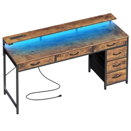 Huuger Gaming Desk with 6 Drawers, Computer Desk with LED Lights Power Outlets and Type-C, 55 Inch Office Desk with Storage, Monitor Stand, Writing Desk Work Desk for Home Office, Study, Rustic Brown