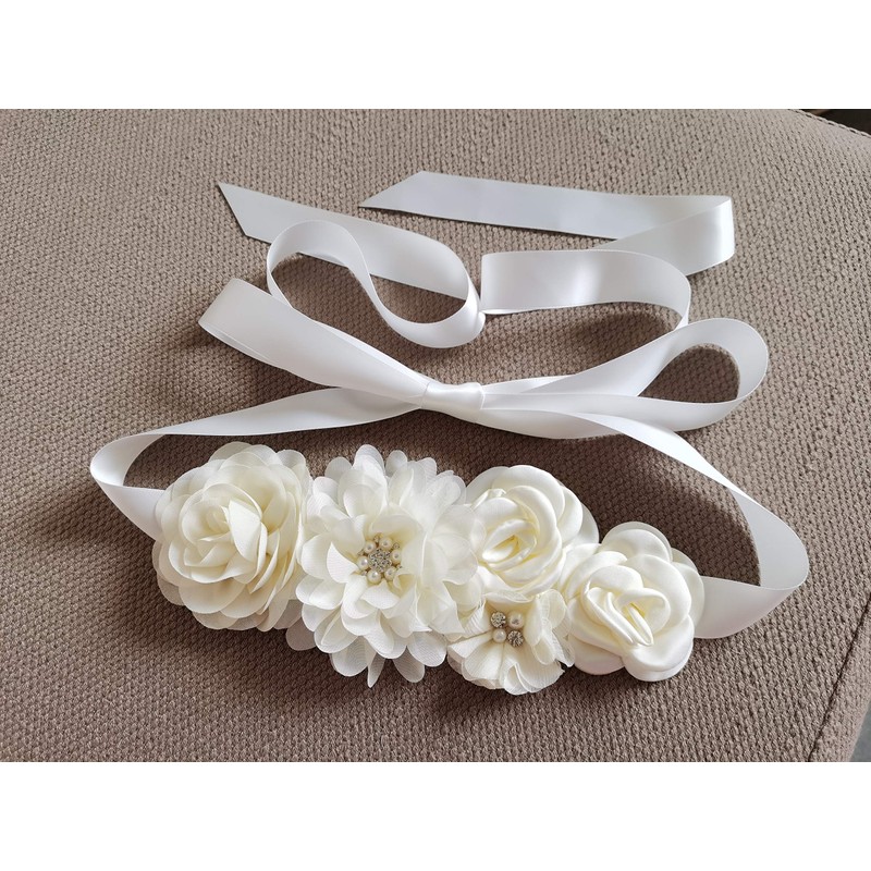 Handmade maternity sash belt with flowers and bow rhinestones decor