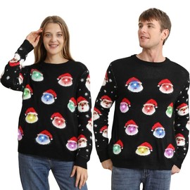 FWV Ugly Christmas Sweater for Men 2024, Light Up, Funny Unisex Womens Holiday Sweater, Black Santa, Unisex Couple Santa, Ugliest Xmas