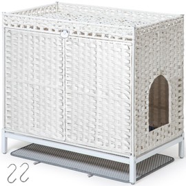 SETVSON Cat Litter Box Enclosure Furniture, Hidden Handwoven Rattan Litter Box with Mat, Large Cat House with Metal Heightened Feet, 30.3 x 18.3 x 28 Inches, Indoor for Living Room, Bedroom White