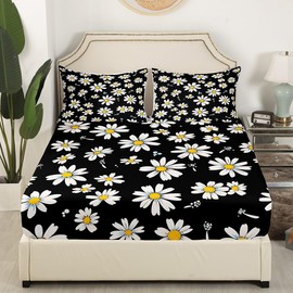 Daisy Bed Sheet Set Kids Black White Yellow Sheets Set 4pc Daisy Flowers Microfiber Soft Bedding Set,1 Flat Sheet,1 Deep Pocket Fitted Sheet,2 Pillow Cases（King Size）