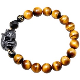 Jewever Tiger Eye with Black Obsidian Fox Bracelet for Women Bring Lucky Wealth Balance Meditation Beaded Stretch Bracelets