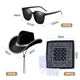 HDGSAFD 1 Black Cowboy Hat, 1 Pocket Square With Fringe And 1 Sunglasses, Cosplay Accessories, Fashion Retro Dress Accessories, Women Accessories, black