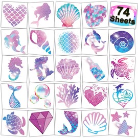 CHARLENT Glitter Mermaid Temporary Tattoos for Kids - 74 Individually Sheets Glitter Tattoos for Kids Mermaid Birthday Decorations