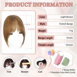 EINAEY Updated Clip in Bangs, 100% Real Human Hair Fake Clip on Bangs Hairpieces for Women French Bangs Light Brown Fringe with Temples Curved Curtain Bangs for Daily Wear