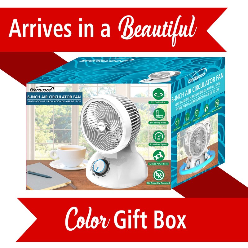 Brentwood 3-Speed Quiet Oscillating Air Circulator Desktop Fan White (6-Inch)