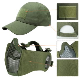 Yzpacc Airsoft Half Face Mask and Hat Set, Steel Mesh Mask with Hearing Protection and Baseball Cap, Tactical Protective Mask for CS Game, BB Gun, Paintball, Hunting, Shooting