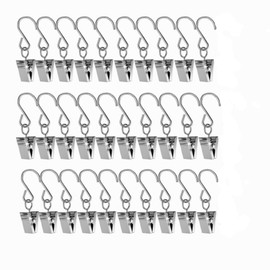 30 Pcs Heavy Duty Stainless Steel Metal Clips with Hooks, Hanging Party Lights Clips Curtain Clip for Curtain, Photos, Art Craft Home Decoration Outdoor Activities Supplies (Silver)