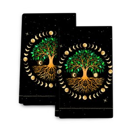 Wovoto Black Kitchen Dish Towel Set of 2, Ancient Life Tree Decorative Tea Towels Hand Towels for Kitchen Bathroom Farmhouse Bar Decor, Moon Luna Hippy Decor Drying Cloth