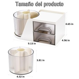 Mtxorvix Organizador de Escritorio Giratorio con 2 Cajones, Portalápices para Escritorio, Organizador de Escritorio, con 4 Compartimentos + Cajón para Material Artístico de Oficina en Casa (Blanco)