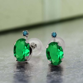 Gem Stone King 14K White Gold Green Nano Emerald and White Diamond Earrings For Women | 1.21 Cttw | Gemstone May Birthstone | Oval 7X5MM