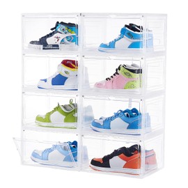 Shoe Boxes Set of 8,Stackable Large Shoe Organizer with Magnetic Doors,Drop Side Shoe Containers,13 x 11.2 x 7.6 Inches, Fits Shoes up to US Size 12,Transparent White (Transparent White, 8 Pack)