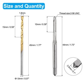 uxcell Tap and Drill Bit Set, 1pcs 2-56 UNC Straight Flute Thread Screw Taps & 1pcs 1.8mm Twist Drill Bits, Uncoated/Titanium Coated HSS-6542 Tapping Threading Tool Kit