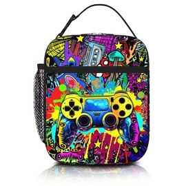 Video Game Lunch Box, Reusable Cool Gamer Slogan Game Theme Lunch Bag with Adjustable Shoulder Strap, Durable Lunch Tote Bag for Kids Boys Girls Men Women