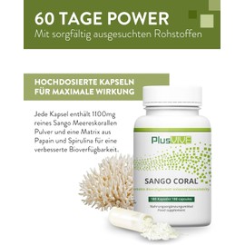 PlusVive - Sango coral capsules - high dose: 1100 mg Sango sea coral powder per capsule - with bioavailability matrix - 180 vegan capsules - made in Germany