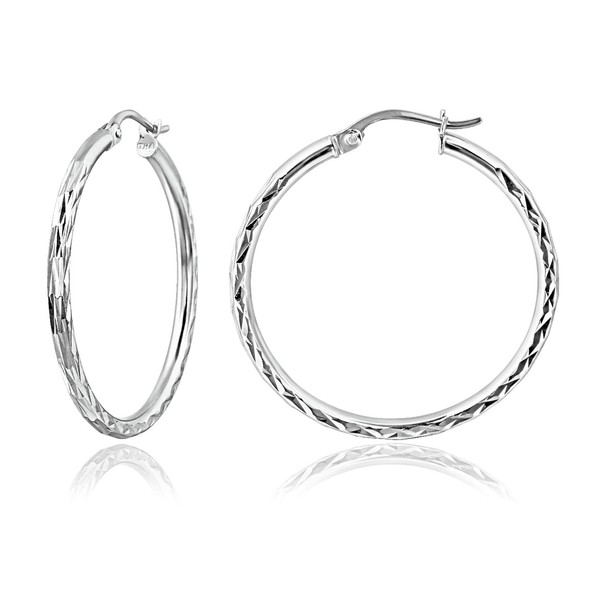 Sterling Silver 2mm Width Diamond-Cut Round Hoop Earrings, 35mm