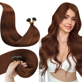 LaaVoo Nano Hair Extensions Human Hair Auburn Nano Bead Hair Extensions Real Human Hair Nano Link Extensions Auburn Brown Sikly Straight 50s 50g 14 Inch