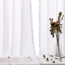 SPWIY White Linen Curtains 63 Inches Long 2 Panels Cream Semi Sheer Curtains Tassel Back Tab Light Filtering Neutral Farmhouse Curtains for Living Room Bedroom 52x63