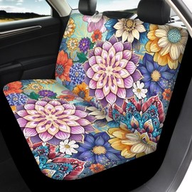Jeiento Boho Mandala Car Interior Seat Cover 4PCS Set for Women Ethnic Style Front Seat Cover and Rear Split Bench Protection Fit for Most Cars SUVs Trucks Vans