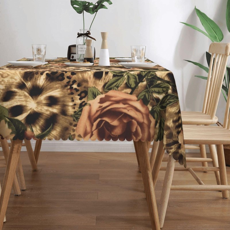 LORCARVIS Leopard Floral Tablecloths Leopard Rose Polyester Rectangle Table Cloth