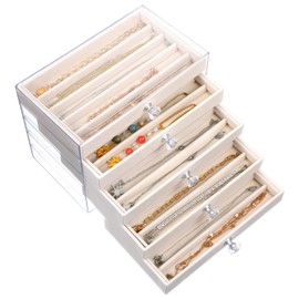 HOFURME 5-Drawer Necklace Organizer Box with Clear Acrylic & Velvet Lining, Beige Necklace Storage Box for Chains, Pendants, Stackable Dustproof Jewelry Holder(9.25 x 5.9 x 6.69 in)
