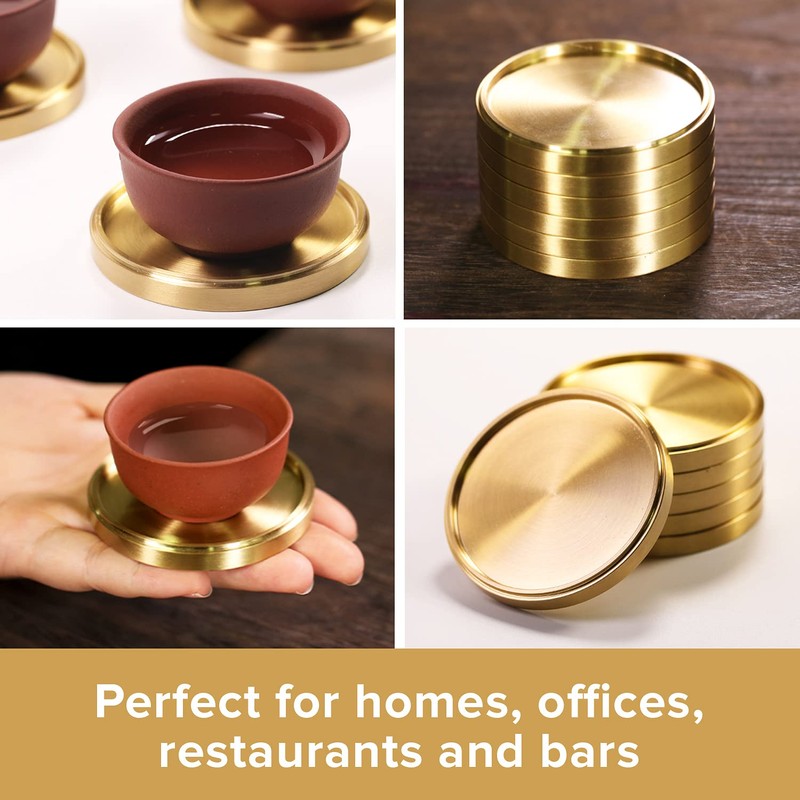 Heavy Brass Coasters for Drinks (6-Pack) - Solid Bronze Gold