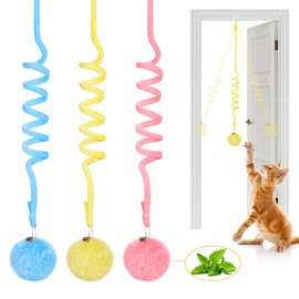 Potaroma Hanging Fluffy Cat Catnip Ball Toys 3 Pcs with Bell, Interactive Cat Teaser Retractable Toys Indoor Kitten Play Chase Exercise Physical Stimulation
