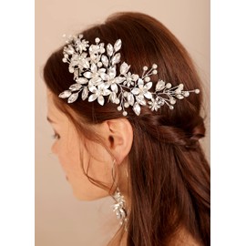 Deniferymakeup Bridal Rhinestone Hair Vine Silver Flower Headband Pearl Wedding Hair Piece Headpiece Prom Accessory (Style 2)