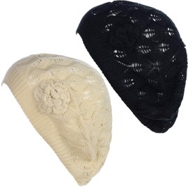 BYOS - Gorro de punto de ganchillo suave y ligero estilo parisino, 2-pack Leafy W/ Flower Cream & Black, Talla única