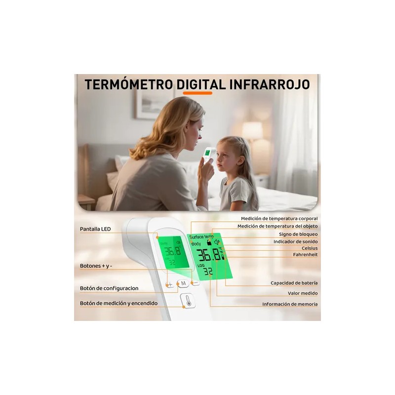 Termómetro Digital Infrarrojo Sin Contacto 32 Memory 3 Color
