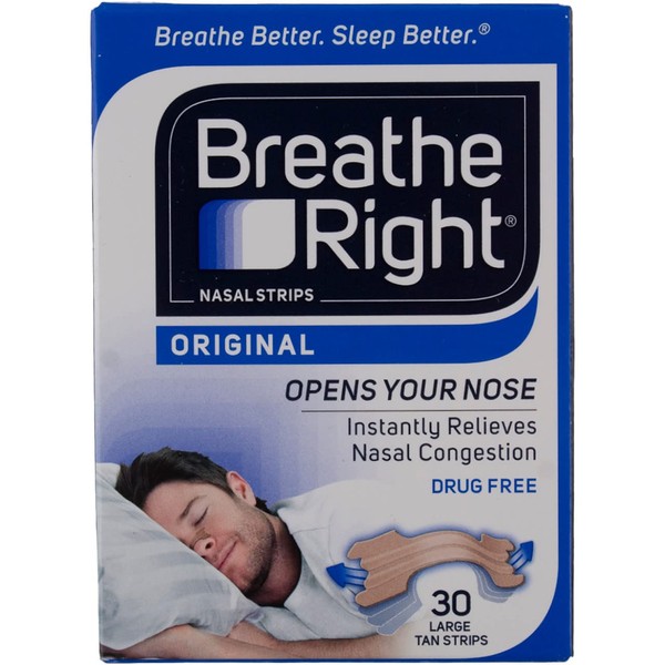 Breathe Right Nasal Strips to Stop Snoring, Drug-Free, Original Tan Large, 30 count, 3 Packages