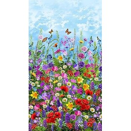 FlashPhoenix Quality Sewing Fabric – 24" X 44" Panel Wild Floral Wildflowers Butterflies Field 100% Cotton Fabric