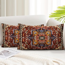 SZXYCZL 2Packs Boho Pillows Covers 12×20 inch, Linen Bohemia Carpet Pattern Decorative Couch Throw Cushion Covers for Living Room Bed Outdoor Pillow Case-Dark Red