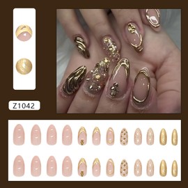 Gilded Press on Nails Medium-Length Almond Fake Nails Gold Ripple False Nails with 3D Sparkling Rhinestone Designs Stick on Nails Glitter Full Cover Acrylic Nails for Women Manicure Charms Decor 24Pcs