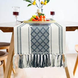 Camino de Mesa Elegantes, Mantel de Boda rústico Bohemio, Camino de Mesa de Lino de 228 x 34cm Pulgadas para Fiestas, Bodas, cumpleaños, Sala de Estar y decoración de tocador de Cocina