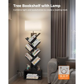 Evermagin 6 Tier Tree Bookshelf with Light, Narrow Bookcase Tower, Tall Floor Standing Book Shelf Organizer with Storage Cabinet for Living Room, Bedroom and Home Office, Black