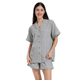 XINJU Pajamas for Women Set 100% Double Gauze Cotton Linen Like Short Sleeve Sleepwear Button Down Nightwear Summer Pjs Set (US, Alpha, Medium, Regular, Regular, Short Set, Grey)