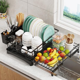 Large Dish Drying Rack,Extendable Dish Rack With Cutlery Holder, Anti-Rust Black Dish Racks For Kitchen Counter,Stainless Steel Drainers For Kitchen Counter,Over The Sink Dish Drying Rack Kitchen