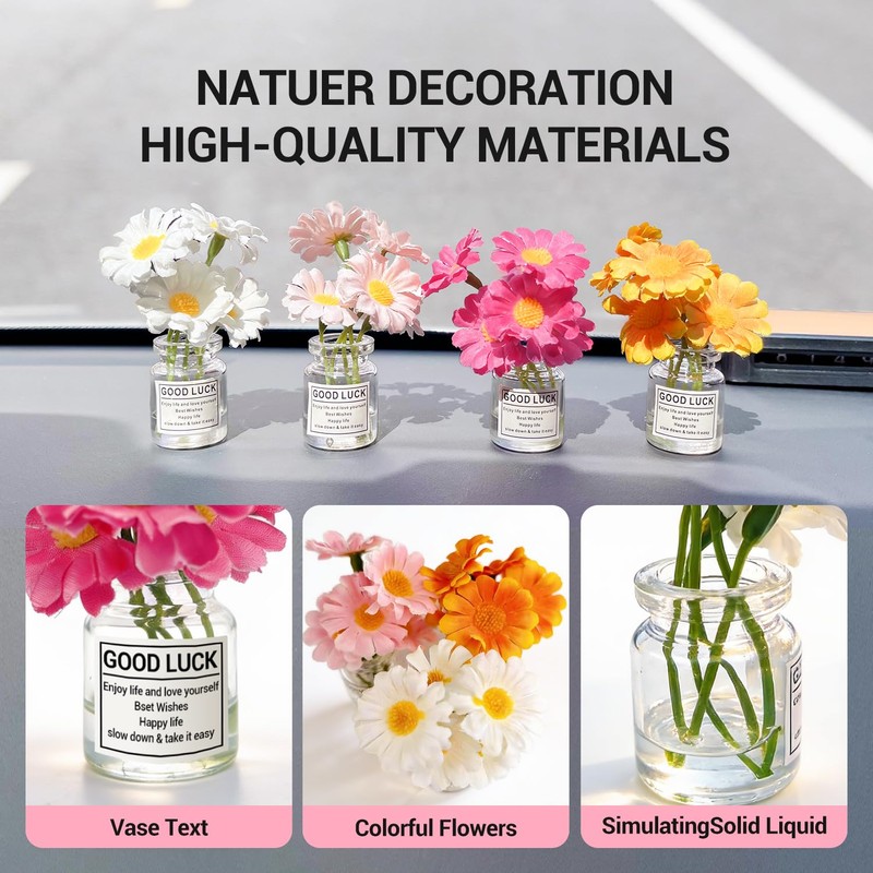 DRIYANN Daisy Car Dashboard Decorations - 4 Pack Mini Floral