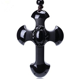 yigedan Natural Obsidian Crucifix Pendant Necklace