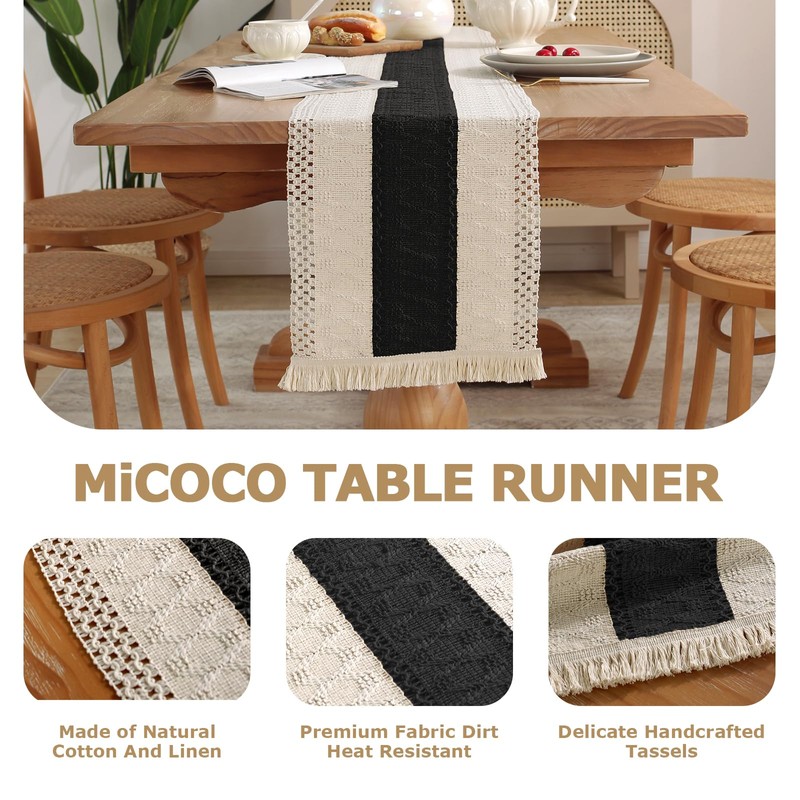 Black Table Runner Boho Table Runner with Tassels 180x30 cm