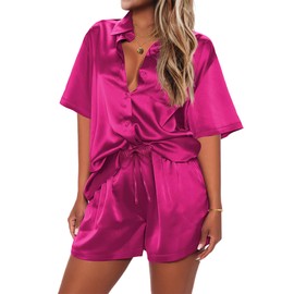 Ekouaer Pajamas Shorts for Women Silk Sleepwear Short Sleeve Pjs Shorts Set Soft Nightwear 2 Piece Lounge Set,Rose,XL