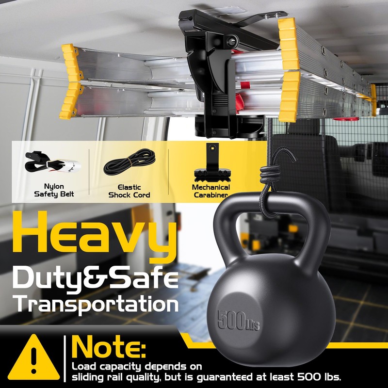 Van Interior Ladder Storage System Utilizes Overhead and Interior Sidewall