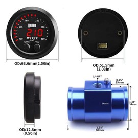 ZHSYMX - Medidor universal de temperatura del agua de 52 mm, 100-300 F (38-150 C), LED digital rojo, DC12 V/24 V, para automóvil y automóvil con adaptador de sensor de radiador de tubo conjunto, azul,
