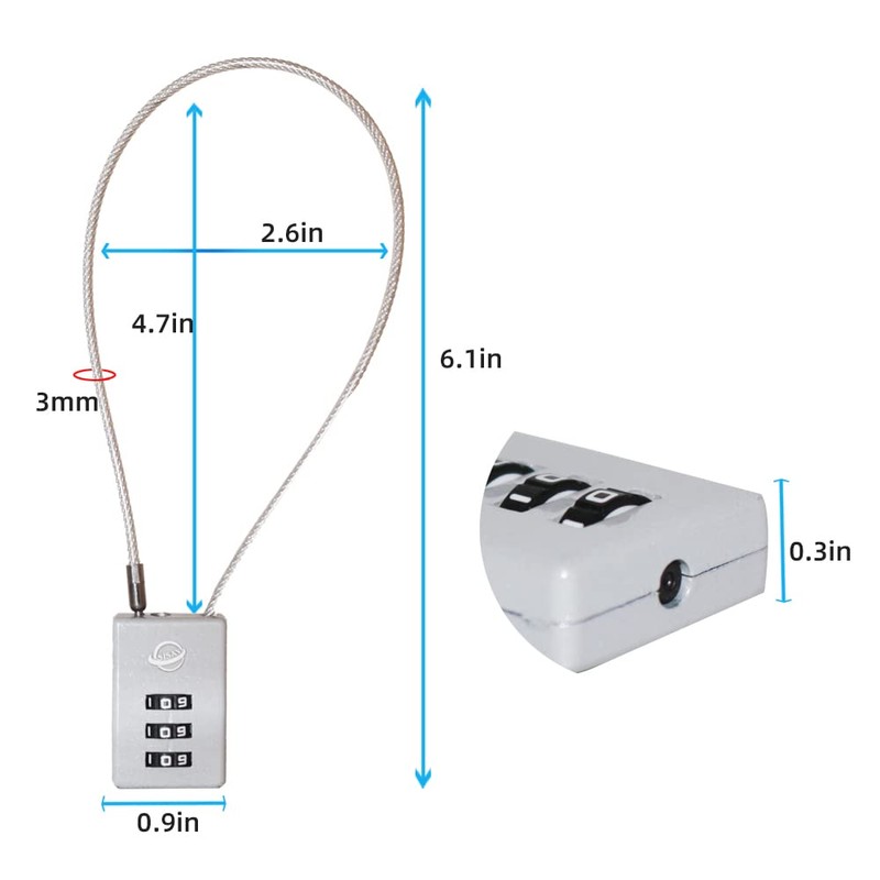 SISAV 3 Digit Cable Combination Lock 12 inches Cable for