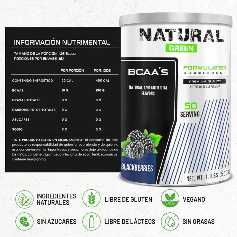 Bcaas Aminoácidos Green 500g 50 Servicios Sabores