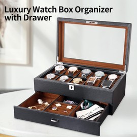 HELMDY Leather Watch Box with Drawer-10 Slots Locking Jewelry Watches Holder for Men-Luxury Watch Case Display Organizer-2 Tier Organizer Watch Showcase-Storage Case